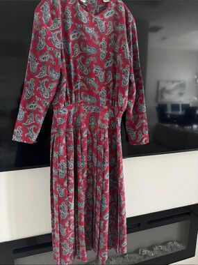 Talbots Red Paisley Long-Sleeve Midi Dress
